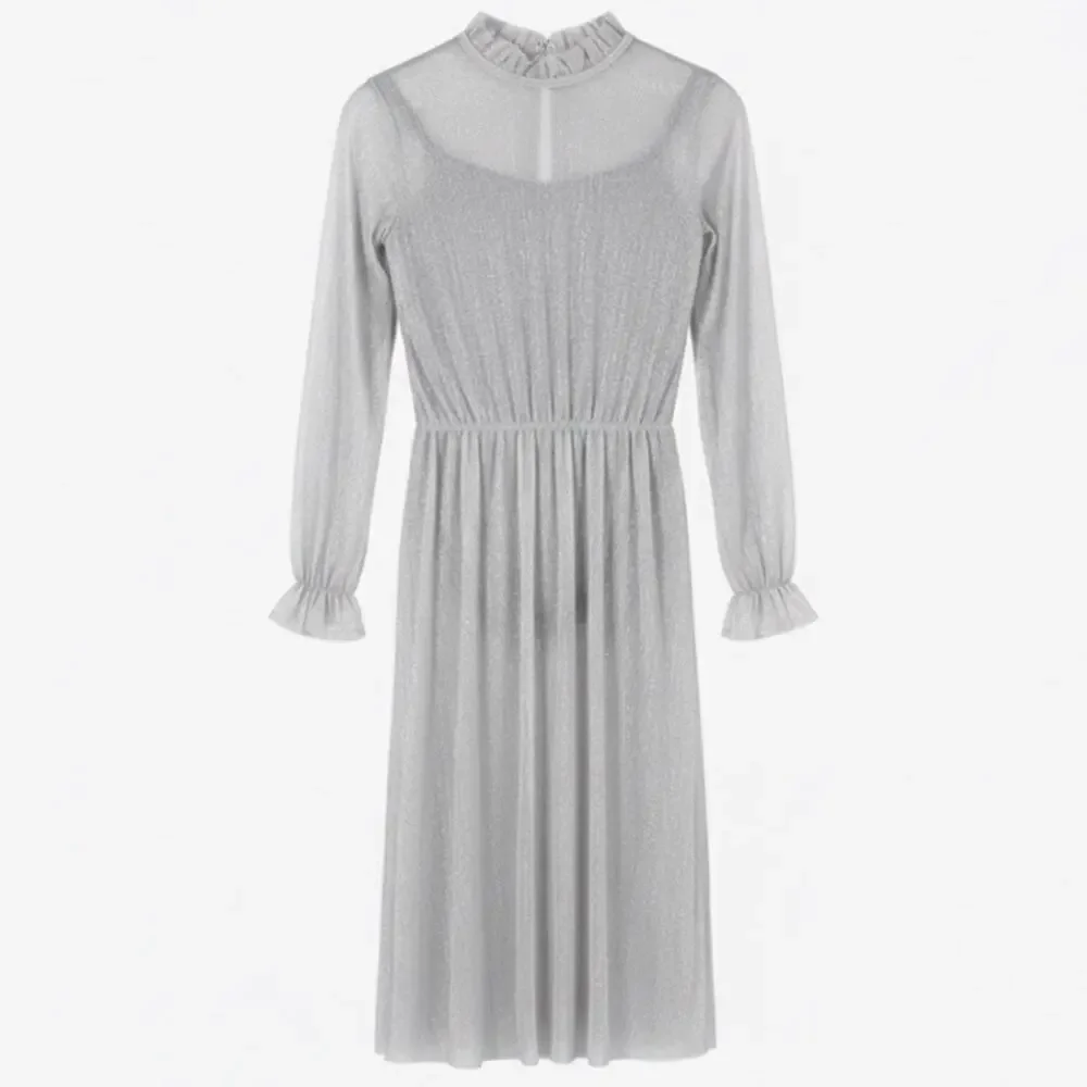 Double Platinum Silver Glitter sheer Mesh Long Sleeve Lyrical Dance Dress NWT
